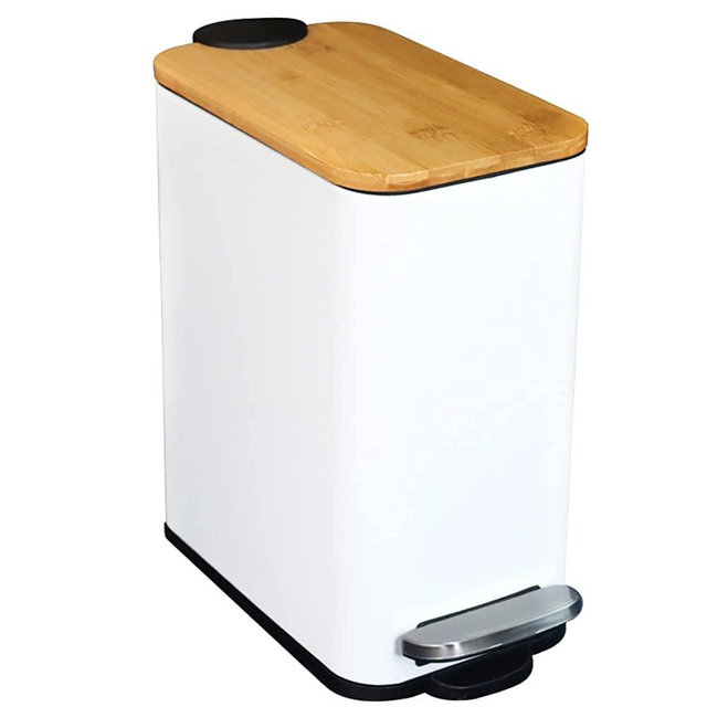 Bathroom Trash Can with Bamboo Lid Soft Close and Foot Pedal, Small Rectangular Slim Garbage Can with Removable Inner Wastebasket for Bedroom, Powder Room, Craft Room, Office, Kitchen, 1.3Gal/5L, White