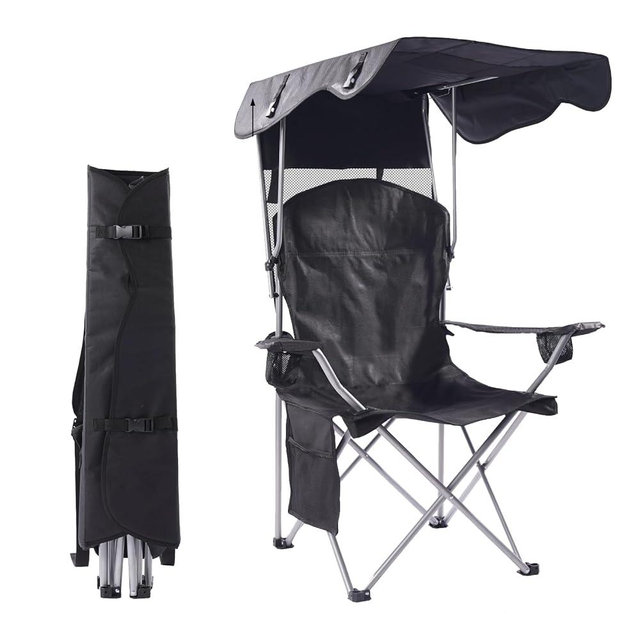 CozyBox Portable Folding Camping Chairs with Canopy Shade, Beach Chair for Adults, Durable Weather Resistant 600D Oxford Cloth, Camping Chair with Canopy for Outdoors [Black]