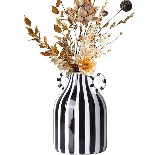 Black and White Stripe Vases for Home Décor,Mid Century Modern Small Black White Checkered Vases with Handle for Flower&Pampas Grass Table Centerpiece,Bedroom,Living Room,Bathroom