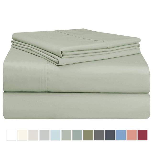 Pizuna 400 Thread Count Cotton Full Sheets Set Light Sage, 100% Long Staple Cotton Beautiful Sateen 4 PC Bed Sheets with Stylish 4&quot; Hem, fits Upto 17” Deep Pocket (100% Cotton Light Green Full Sheets)