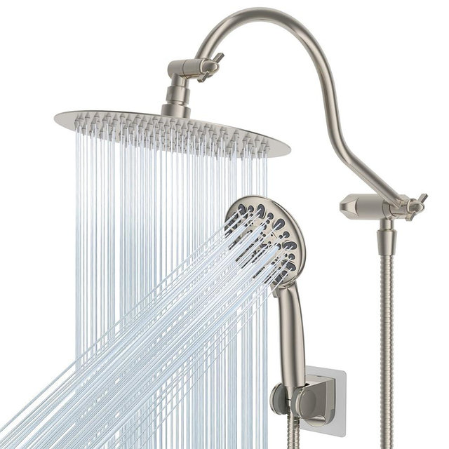 Hibbent All Metal Shower Head, 10'' High Pressure Rainfall Shower Head/Handheld Showerhead Combo/ 12'' Adjustable Curved Shower Extension Arm, 7-Spray, 71'' Adhesive Showerhead Holder, Brushed Nickel