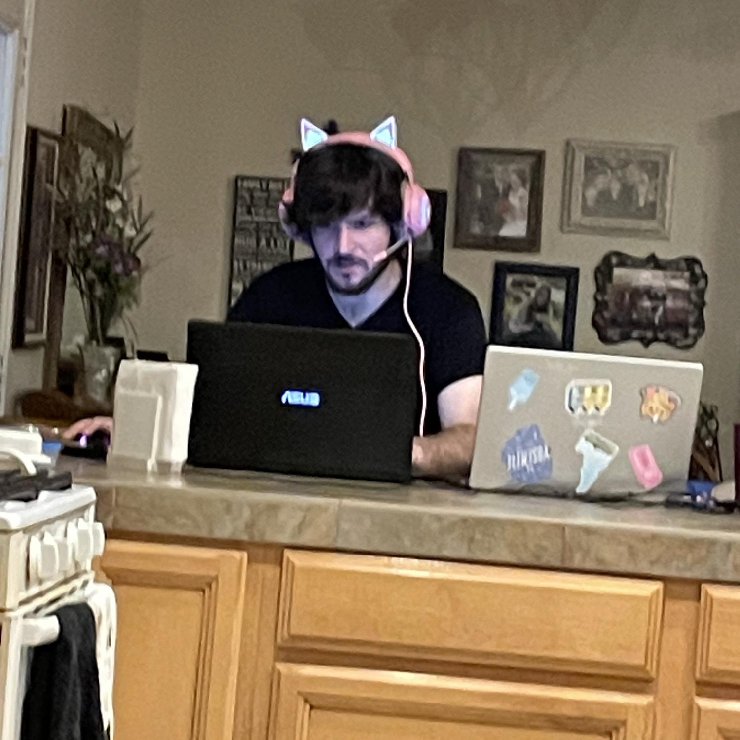 His headset broke so he had to use mine