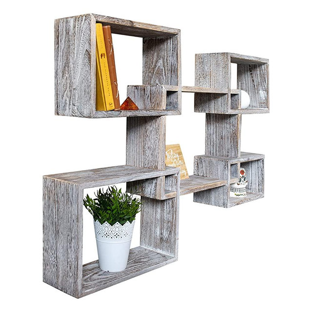 Rustic Wall Mounted Square Shaped Floating Shelves – Set of 5 Square Shelves for Bathroom, Bedroom, Living Room & More - Screws and Anchors Included – Wall Décor Display for Home - Distressed White