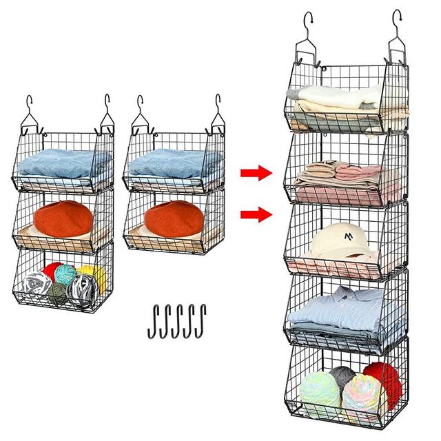 5 Tier Closet Hanging Organizer, Clothes Hanging Shelves with 2 Hanging Hooks 5 S Hooks, Wire Storage Basket Bins, for Clothing Sweaters Shoes Handbags Clutches Accessories Patent Design