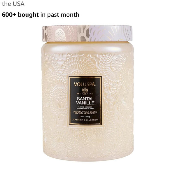 Voluspa Santal Vanille, Large Candle Jar, 18 oz, 100 Hour Burn Time, Coconut Wax for Clean Burning, Handcrafted in the USA