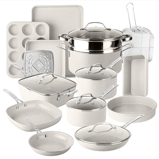 Granitestone 20 Pc Ceramic Cookware Set Nonstick, Complete Pots and Pans Set Non Stick for Kitchen with 5 Pc Bakeware Set, Deep Frying Pan Set, & Steamer, Non Toxic PFOA Free, Oven & Dishwasher Safe