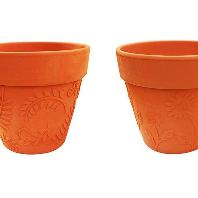 New for Spring 2020 Large Set of 2 Terracotta Garden Pots, Sunflower and Leaves Embellished
