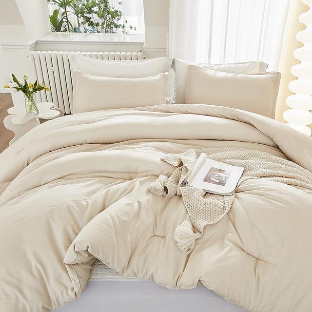 Litanika Queen Comforter Set Beige, 3 Pieces Boho Lightweight Solid Bedding Set & Collections, Down Alternative Comforter All Season Fluffy Bed Set Gift Choice