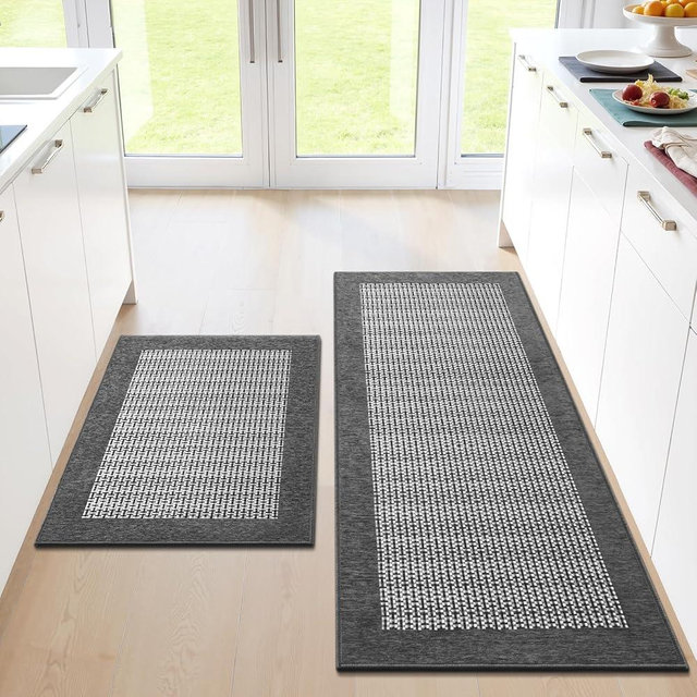 StepRite Kitchen Mats for Floor, Non-Slip Kitchen Rugs Set of 2 PCS, Super Absorbent Washable Kitchen Mats with Rubber Backing, Runner Mats for Front of Sink (20"x32"+20"x47" Grey)
