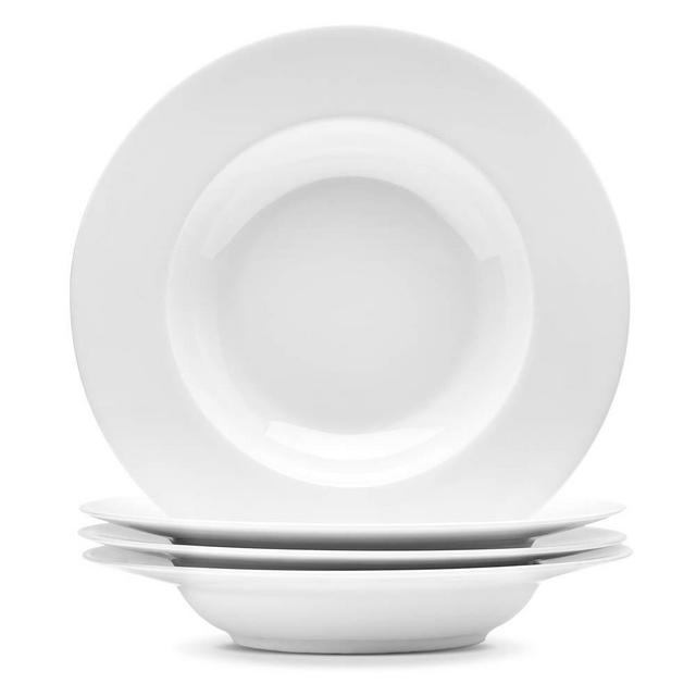 Artena Elegant Bright White Pasta Bowls Set of 4-9.35 Inches Porcelain Wide Pasta Plates Salad Plates with Rim design Microwave Oven Safe
