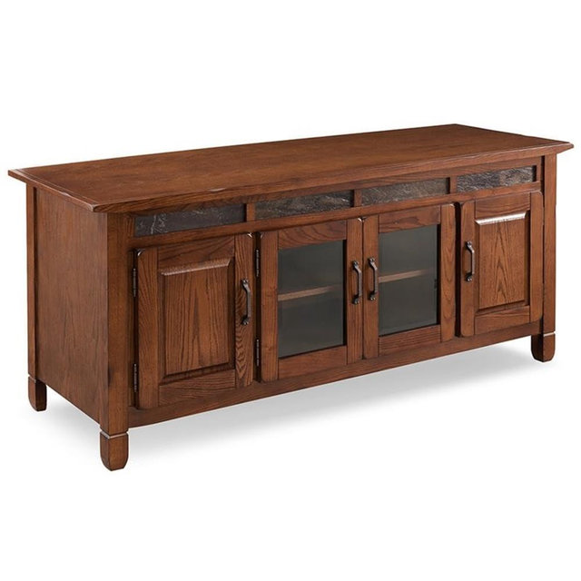 Leick Home 89360 Rustic Oak TV Stand with Slate Tiles and Enclosed Storage for 65" TV, Distressed Rustic Autumn