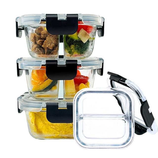 Nafhone Bariatric Meal Prep Containers, Glass Bariatric Portion Control Containers with Two 4 oz Compartments (3 Pack), 8 oz Reusable Lunch Box Bento Box with Lids, Glass Snack Containers with Lids