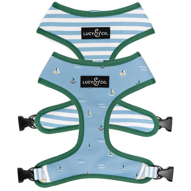 Lucy & Co. Set Sail Reversible Harness, Walking Halter - Best Designer Pet Harnesses for Small Dogs - Padded Adjustable Vest for Easy Walking, Small, Blue & White Stripes & Sailboats