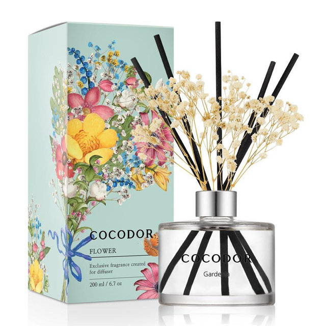 COCODOR Flower Reed Diffuser Set / 6.7oz / Gardenia/Scent Diffuser with Sticks Home Fragrance Reed Diffuser for Bathroom Shelf Decor