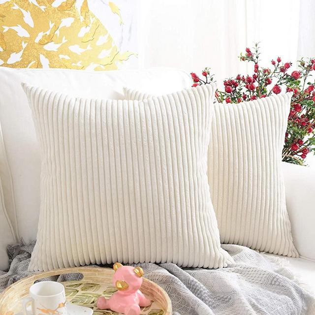 MERNETTE Pack of 2, Corduroy Soft Decorative Square Throw Pillow Cover Cushion Covers Pillowcase, Home Decor Decorations for Sofa Couch Bed Chair 20x20 Inch/50x50 cm (Striped Cream)