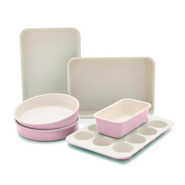 GreenLife 6 Piece Nonstick Bakeware Set, Non-Toxic PFAS-Free Ceramic Oven Pans, Dishwasher & Oven Safe to 450°F, Easy Release Baking Sheet, Loaf Pan, Rectangle & Round Cake, Muffin Pan, Pink