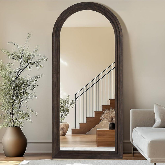 Rustic Standing Full Length Mirror Wood Frame, 71"X32" Large Arched Floor Mirror with Stand, Farmhouse Wood Mirror Full Length for Bedroom Living Room Entryway, Leaning or Wall Mounted, Brown