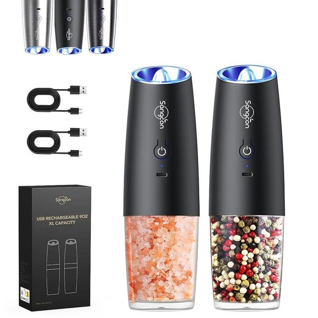 Sangcon Gravity Electric Salt and Pepper Grinder Set RECHARGEABLE Automatic Salt Pepper Shakers USB-C No Battery Needed - LED Light One Hand Operation, Adjustable Coarseness Pepper Mill Set