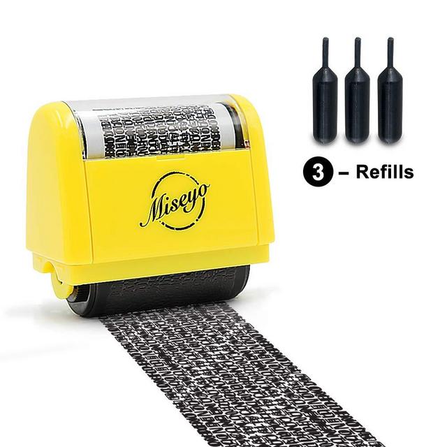 Miseyo Wide Identity Theft Protection Roller Stamp - Yellow (3 Refill Ink Included)