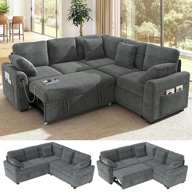 Ihanherry 83-inch 5-Seater Large Sectional Sofa Bed with Storage, Corduroy Reversible Modular Sleeper Sofa with USB Port & 4 Pillows, Convertible L-Shaped Couch for Living Room（Gray）