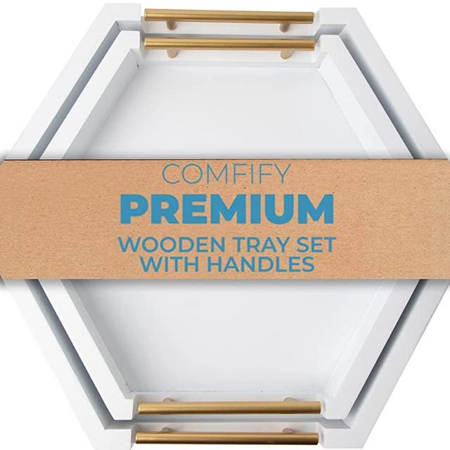 Hexagonal Serving Trays with Golden Handles – Set of 2 Bamboo Trays That Nests – Large, and Small Trays Set for Food, Ottoman Décor & More – Modern Trays for Breakfast - White