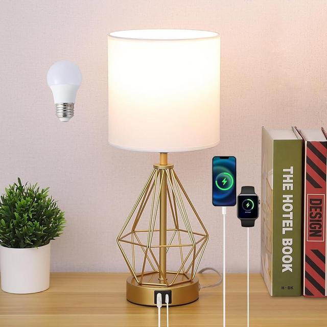 Sheenkarion Modern Touch Control Small Gold Table Lamp,Dimmable Bedroom Bedside Nightstand Lamp with USB C+A Charging Port,Living Room Office Desk Lamp with White Fabric Shade(Bulb Included)