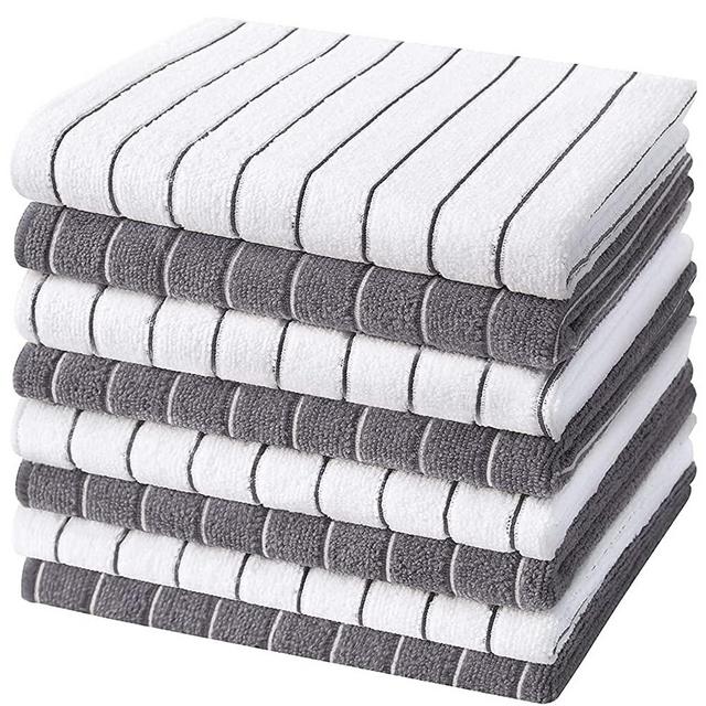 HYER KITCHEN Microfiber Kitchen Towels, Stripe Designed, Super Soft and Absorbent Dish Towels, Pack of 8, 25 x 15 Inch, Gray and White