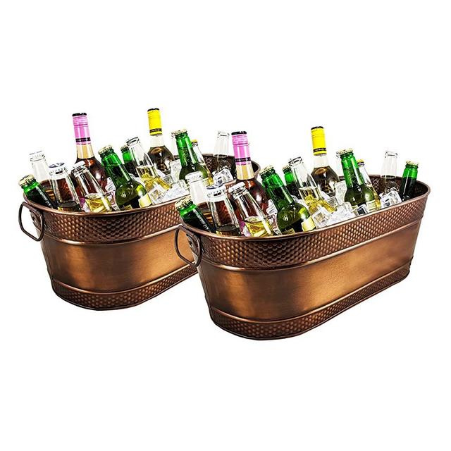 BREKX Colt Copper-Finish Hammered Galvanized Beverage Tubs, Drink Bucket for Parties, 15 Quarts, Set of 2