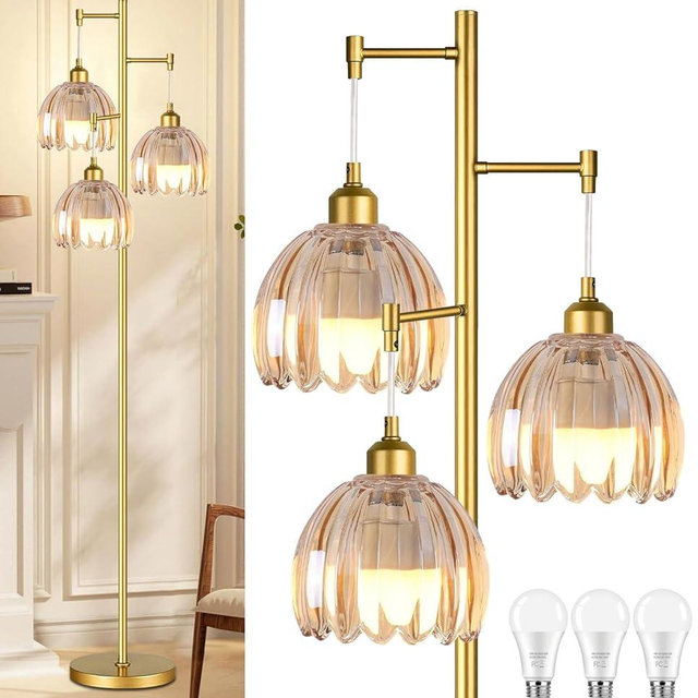 ILLMTW Glass Gold Floor Lamp for Living Room,Bedroom,Mid Century Modern Standing Lamp Brass Tree 3 Light Tall Floor Lamps Vintage Retro Floor Lights Amber Flower Lamp Shade Farmhouse Boho Bohemian