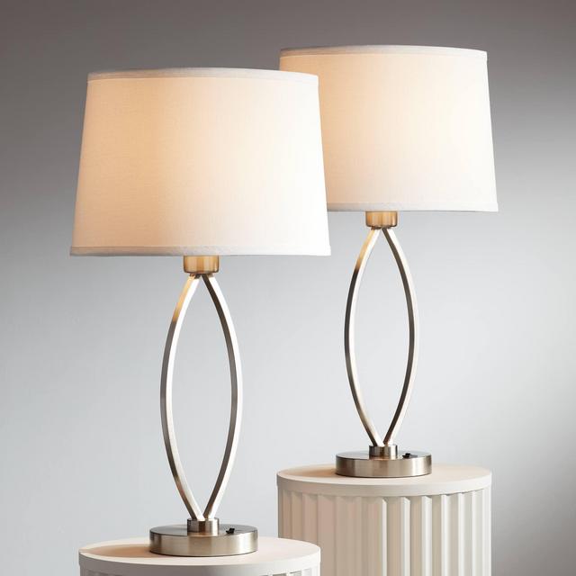 Ariana Contemporary Modern Table Lamps 26.5" High Set of 2 with USB Charging Ports Plug-in Silver Metal White Drum Shade for Living Room Bedroom House Bedside Nightstand Home - 360 Lighting
