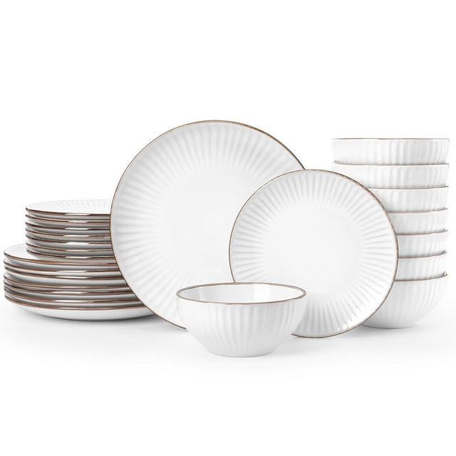 Famiware Plates and Bowls Sets, 24 Pieces Stoneware Dinnerware Sets, Dishes Set for 8, Microwave and Dishwasher Safe, White Stripe