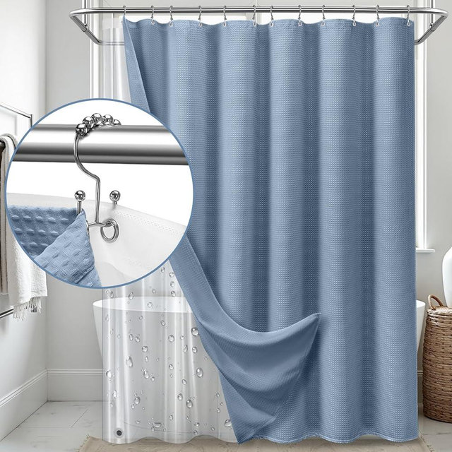 3 in 1 Shower Curtain Set,Waffle Shower Curtain and Liner Set with Waterproof EVA Liner and 12 Double Sided Metal Hooks for Bathroom,72W x 72H