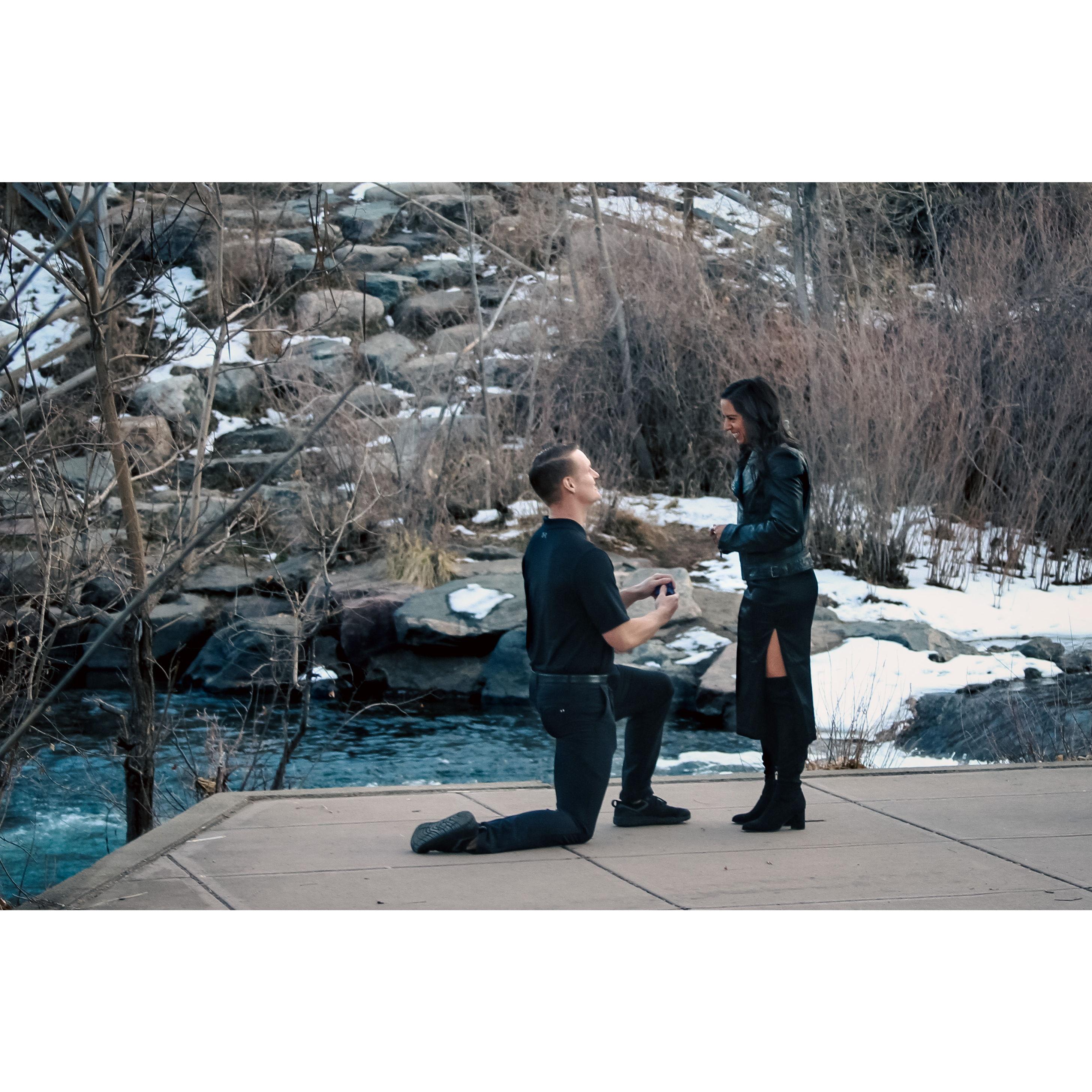 Aaron wanted to propose somewhere we could always go back to that meant something to both of us, so he chose to propose at Clear Creek in Golden.