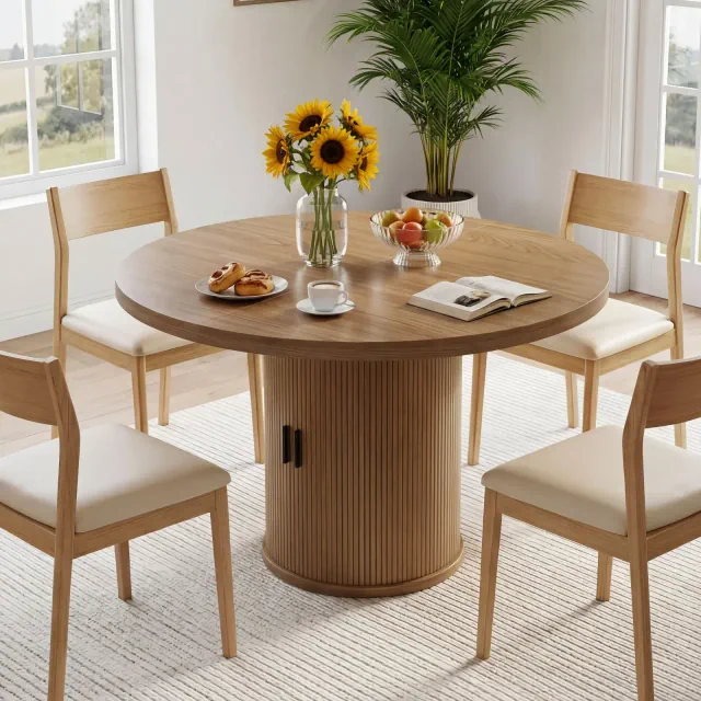 Dyonery 35.43-inch Round Wood Dining Table, Grooved Kitchen Dining Table, Round Dining Table with Storage Base, Round