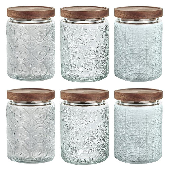 24 OZ/6 PCS Glass Storage Jar with Airtight Bamboo Wooden Lids, Vintage Food Containers Canisters Sets for Kitchen Counter Pantry, Sugar, Flour, Candy, Tea, Coffee Beans, Oats, Grain Bin, Pasta,
