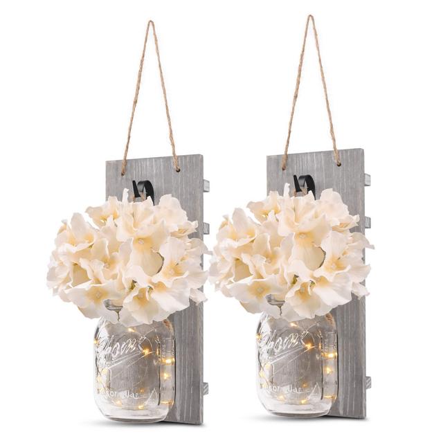 Mason Jar Sconce Rustic Wall Sconces, Rustic Home Decor,Wrought Iron Hooks, Silk Hydrangea and LED Strip Lights Design for Home Decoration (Set of 2)