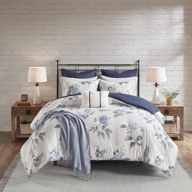 Madison Park Zennia Farmhouse Comforter Set with Throw-Blanket, Floral Print on Seersucker Textures, All Season Bedding, Matching Shams, Toss Pillows, King/Cal King(104"x92"), Blue 7 Piece