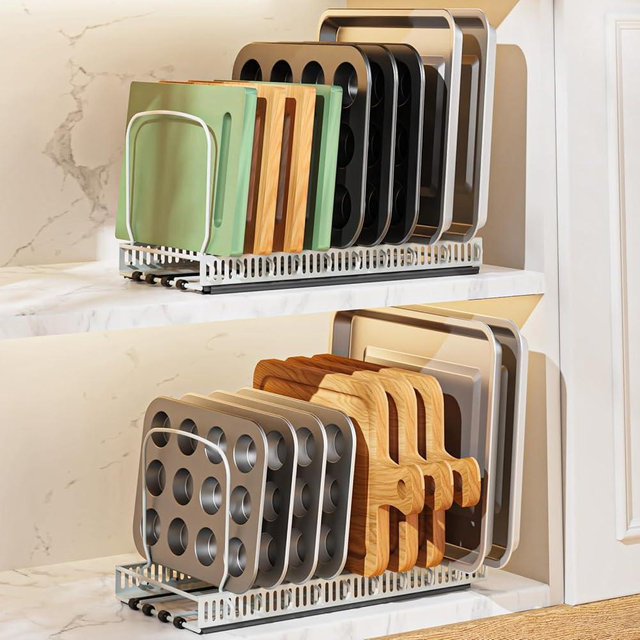 Housolution 2 Pack Baking Tray and Cookie Sheet Organizer, Cutting Board Organizer with 2 Using Methods, Bakeware Muffin Tin Storage Rack with 10 Adjustable Dividers for Cabinet, White
