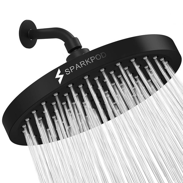 SparkPod Shower Head - High Pressure Rain - Premium Quality Luxury Design - 1-Min Install - Easy Clean Adjustable Replacement for Your Bathroom Shower Heads (Midnight Black Matte, 8 Inch Round)
