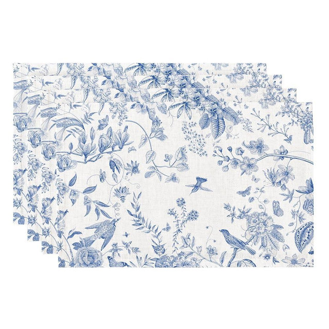QIYI Boho Placemats Set of 4, 12x18 Inch Linen Fabric Place Mats for Kitchen Dinning, Farmhouse Rustic Floral Cloth Table Mats, Washable Placemat Botanical Party Table Décor, Blue Garden