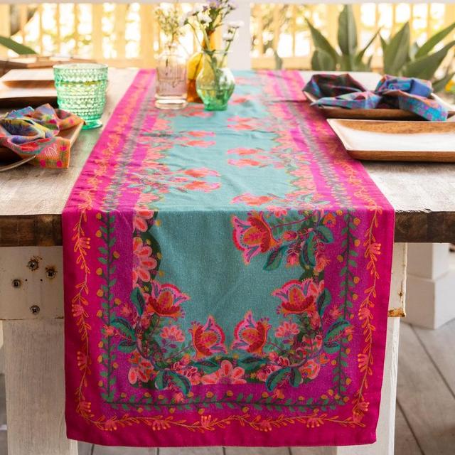 Double-Sided Bohemian Bungalow Table Runner - Teal Borders