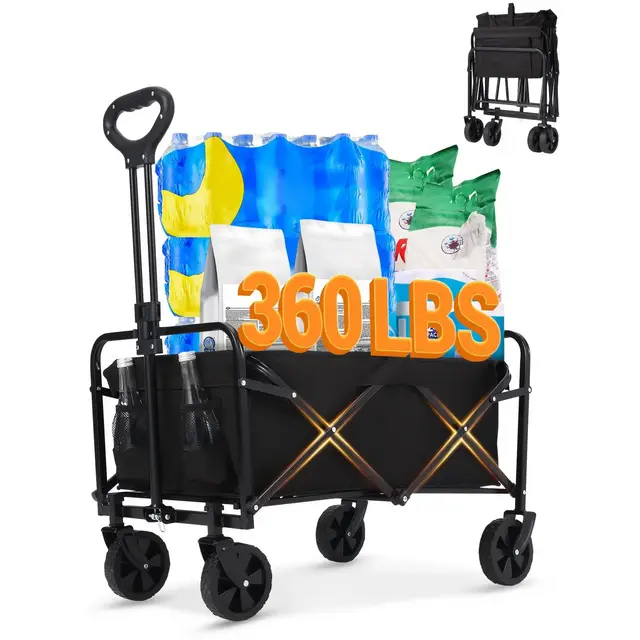 360LBS Foldable Wagon Cart with All-Terrain Wheels and Drink Holders; Heavy-Duty Collapsible Utility Cart for Beach, Gardening, and Shopping.