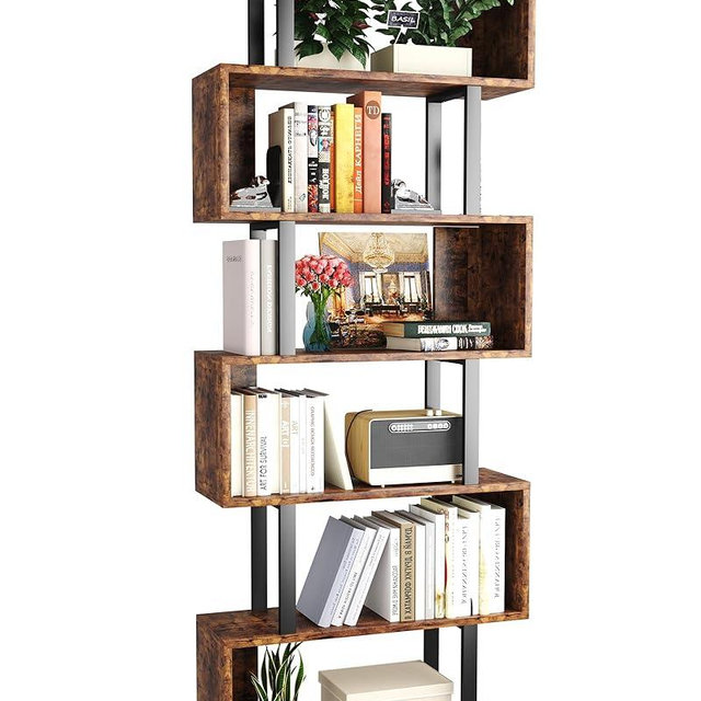 Yusong Geometric Bookcase, S Shaped Bookshelf 6-Tier Book Shelves for Bedroom, Modern Wood Decorative Display Shelf Tall Book Case for Home Office, Bown and Black