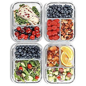 FIT Strong & Healthy Glass Meal Prep Containers, 2 & 3 Compartments - Portion Control, Lunch Container Set, Food Storage, Airtight Lids, Oven & Freezer Safe, Leak-Proof Bento Box, 32 oz, Blue, 4 Pack