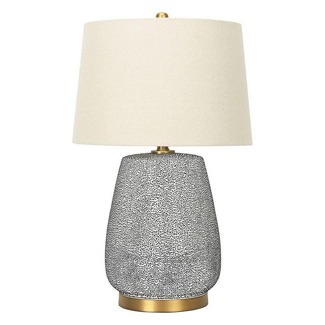 Creative Co-Op Glaze Ceramic Natural Linen Shade Table Lamp, Blue Textured Round