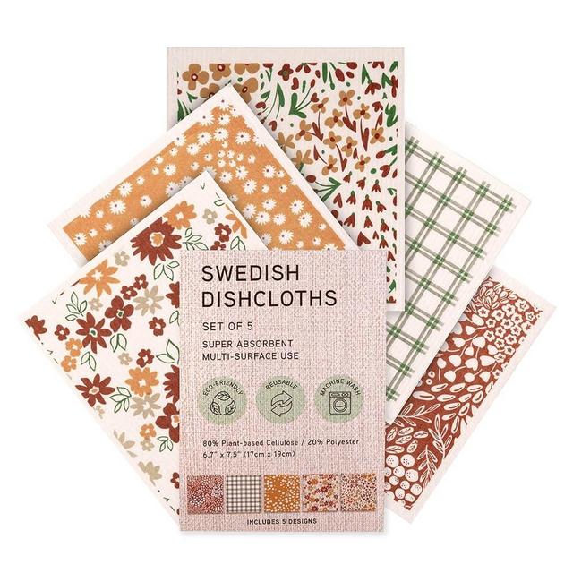 MosJos Swedish Dishcloths, Vintage Plant-Based Cellulose, 6.7x7.5 Inch, Super Absorbent, Multi-Surface, Machine Washable, Reusable, 5 Pack (Rust Green Burgundy)
