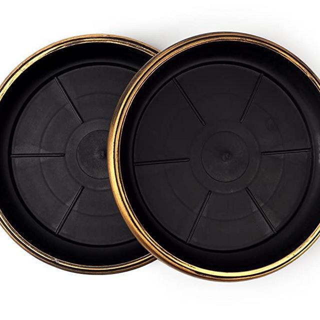 7" Decorative Heavy Duty Tray/Saucer (2 Pack) Rustic Medieval/French Country Look, Pot/Planter Base for Indoor/Outdoor Decor Use. Long Lasting, Reusable Light Weight (7 inches, Gold)