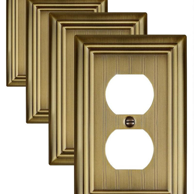 ZILLSEA 4-Pack Antique Brass Outlet Covers, Metal Duplex Wall Plates for Electrical Outlets, Classic Beadboard Switch Plate Covers, 3.15''*4.88'', Midsize
