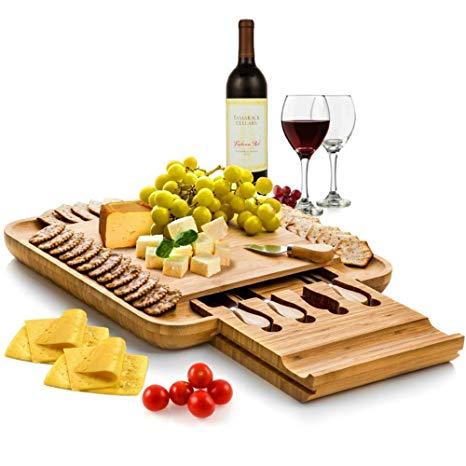 Bambusi Natural Bamboo Cheese Board Set - Wooden Charcuterie Platter and Serving Tray with Hidden Drawer & Cutlery Set