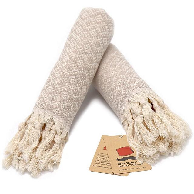 Turkish Hand Towels Set of 2 Ethnic Bath Towel 100% Cotton 39x19 Decorative Boho Bathroom Kitchen Decor (Beige)